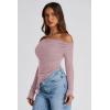 image:imagePRETTYGARDEN Womens Spring Long Sleeve Y2K Crop Top Trendy Off Shoulder Asymmetrical Fitted Knit Tee Shirts Going Out TopsGrey Pink