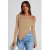 image:imagePRETTYGARDEN Womens Spring Long Sleeve Y2K Crop Top Trendy Off Shoulder Asymmetrical Fitted Knit Tee Shirts Going Out TopsLight Coffee