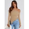image:imagePRETTYGARDEN Womens Spring Long Sleeve Y2K Crop Top Trendy Off Shoulder Asymmetrical Fitted Knit Tee Shirts Going Out TopsLight Coffee