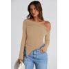 image:imagePRETTYGARDEN Womens Spring Long Sleeve Y2K Crop Top Trendy Off Shoulder Asymmetrical Fitted Knit Tee Shirts Going Out TopsLight Coffee