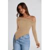 image:imagePRETTYGARDEN Womens Spring Long Sleeve Y2K Crop Top Trendy Off Shoulder Asymmetrical Fitted Knit Tee Shirts Going Out TopsLight Coffee