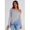 image:imagePRETTYGARDEN Womens Spring Long Sleeve Y2K Crop Top Trendy Off Shoulder Asymmetrical Fitted Knit Tee Shirts Going Out TopsLight Grey