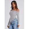 image:imagePRETTYGARDEN Womens Spring Long Sleeve Y2K Crop Top Trendy Off Shoulder Asymmetrical Fitted Knit Tee Shirts Going Out TopsLight Grey