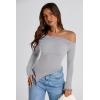 image:imagePRETTYGARDEN Womens Spring Long Sleeve Y2K Crop Top Trendy Off Shoulder Asymmetrical Fitted Knit Tee Shirts Going Out TopsLight Grey