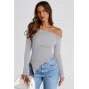 image:imagePRETTYGARDEN Womens Spring Long Sleeve Y2K Crop Top Trendy Off Shoulder Asymmetrical Fitted Knit Tee Shirts Going Out TopsLight Grey