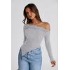 image:imagePRETTYGARDEN Womens Spring Long Sleeve Y2K Crop Top Trendy Off Shoulder Asymmetrical Fitted Knit Tee Shirts Going Out TopsLight Grey