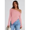 image:imagePRETTYGARDEN Womens Spring Long Sleeve Y2K Crop Top Trendy Off Shoulder Asymmetrical Fitted Knit Tee Shirts Going Out TopsPink
