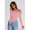 image:imagePRETTYGARDEN Womens Spring Long Sleeve Y2K Crop Top Trendy Off Shoulder Asymmetrical Fitted Knit Tee Shirts Going Out TopsPink