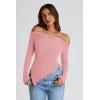 image:imagePRETTYGARDEN Womens Spring Long Sleeve Y2K Crop Top Trendy Off Shoulder Asymmetrical Fitted Knit Tee Shirts Going Out TopsPink