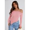 image:imagePRETTYGARDEN Womens Spring Long Sleeve Y2K Crop Top Trendy Off Shoulder Asymmetrical Fitted Knit Tee Shirts Going Out TopsPink