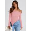 image:imagePRETTYGARDEN Womens Spring Long Sleeve Y2K Crop Top Trendy Off Shoulder Asymmetrical Fitted Knit Tee Shirts Going Out TopsPink