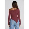 image:imagePRETTYGARDEN Womens Spring Long Sleeve Y2K Crop Top Trendy Off Shoulder Asymmetrical Fitted Knit Tee Shirts Going Out TopsWine Red