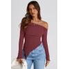 image:imagePRETTYGARDEN Womens Spring Long Sleeve Y2K Crop Top Trendy Off Shoulder Asymmetrical Fitted Knit Tee Shirts Going Out TopsWine Red