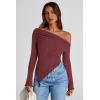image:imagePRETTYGARDEN Womens Spring Long Sleeve Y2K Crop Top Trendy Off Shoulder Asymmetrical Fitted Knit Tee Shirts Going Out TopsWine Red