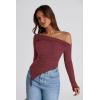 image:imagePRETTYGARDEN Womens Spring Long Sleeve Y2K Crop Top Trendy Off Shoulder Asymmetrical Fitted Knit Tee Shirts Going Out TopsWine Red