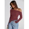 image:imagePRETTYGARDEN Womens Spring Long Sleeve Y2K Crop Top Trendy Off Shoulder Asymmetrical Fitted Knit Tee Shirts Going Out TopsWine Red