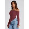 image:imagePRETTYGARDEN Womens Spring Long Sleeve Y2K Crop Top Trendy Off Shoulder Asymmetrical Fitted Knit Tee Shirts Going Out TopsWine Red
