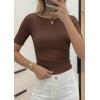 image:imagePRETTYGARDEN Womens Summer Short Sleeve Tops Boat Neck Ribbed Knit Slim Fit T Shirt Casual Basic Top 2026 Spring ClothesBrown