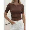 image:imagePRETTYGARDEN Womens Summer Short Sleeve Tops Boat Neck Ribbed Knit Slim Fit T Shirt Casual Basic Top 2026 Spring ClothesBrown