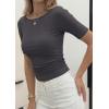 image:imagePRETTYGARDEN Womens Summer Short Sleeve Tops Boat Neck Ribbed Knit Slim Fit T Shirt Casual Basic Top 2026 Spring ClothesDark Grey