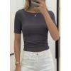 image:imagePRETTYGARDEN Womens Summer Short Sleeve Tops Boat Neck Ribbed Knit Slim Fit T Shirt Casual Basic Top 2026 Spring ClothesDark Grey