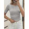 image:imagePRETTYGARDEN Womens Summer Short Sleeve Tops Boat Neck Ribbed Knit Slim Fit T Shirt Casual Basic Top 2026 Spring ClothesGrey
