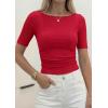 image:imagePRETTYGARDEN Womens Summer Short Sleeve Tops Boat Neck Ribbed Knit Slim Fit T Shirt Casual Basic Top 2026 Spring ClothesRed