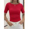 image:imagePRETTYGARDEN Womens Summer Short Sleeve Tops Boat Neck Ribbed Knit Slim Fit T Shirt Casual Basic Top 2026 Spring ClothesRed