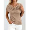 image:imagePRETTYGARDEN Womens Tops Dressy Casual Clothing 2026 Summer Cowl Neck Short Sleeve Blouses Spring Business Work Office ShirtsKhaki