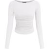 image:imagePRETTYGARDEN Long Sleeve Shirts for Women 2026 Fall Ruched Sides Boat Neck Basic Tee Casual Fitted Ribbed Knit Crop TopsWhite