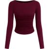 image:imagePRETTYGARDEN Long Sleeve Shirts for Women 2026 Fall Ruched Sides Boat Neck Basic Tee Casual Fitted Ribbed Knit Crop TopsWine Red