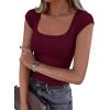 image:imagePRETTYGARDEN Womens Cap Sleeve T Shirts 2026 Square Neck Basic Tees Slim Fit Ribbed Knit Spring Going Out Tops Summer ClothesWine Red