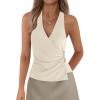 image:imagePRETTYGARDEN Womens Halter Top 2026 Spring Tie Wrap Sleeveless Ruched V Neck Fitted Summer Tops Backless Fashion Y2k ClothesBeige