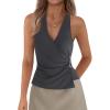 image:imagePRETTYGARDEN Womens Halter Top 2026 Spring Tie Wrap Sleeveless Ruched V Neck Fitted Summer Tops Backless Fashion Y2k ClothesGrey