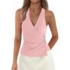 image:imagePRETTYGARDEN Womens Halter Top 2026 Spring Tie Wrap Sleeveless Ruched V Neck Fitted Summer Tops Backless Fashion Y2k ClothesPink