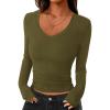 image:imagePRETTYGARDEN Womens Long Sleeve T Shirts 2026 Fall Trendy Deep V Neck Slim Fit Basic Crop Tops Casual Going Out TopArmy Green