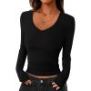 image:imagePRETTYGARDEN Womens Long Sleeve T Shirts 2026 Fall Trendy Deep V Neck Slim Fit Basic Crop Tops Casual Going Out TopBlack