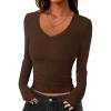 image:imagePRETTYGARDEN Womens Long Sleeve T Shirts 2026 Fall Trendy Deep V Neck Slim Fit Basic Crop Tops Casual Going Out TopBrown