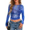 image:imagePRETTYGARDEN Womens Mesh Long Sleeve Spring Top 2026 Trendy Summer See Through Sheer Blouse Fitted Going Out Layering ShirtsFloral Brilliant Blue