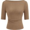 image:imagePRETTYGARDEN Womens Summer Short Sleeve Tops Boat Neck Ribbed Knit Slim Fit T Shirt Casual Basic Top 2026 Spring ClothesLight Khaki