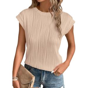image:imagePRETTYGARDEN Blouses for Women Dressy Casual 2026 Spring Summer Business Office Tops Cap Sleeve Textured Cute Work ShirtApricot