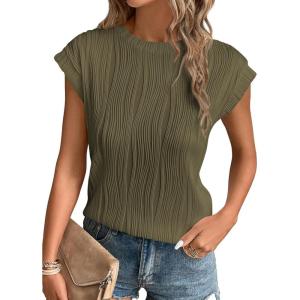 image:imagePRETTYGARDEN Blouses for Women Dressy Casual 2026 Spring Summer Business Office Tops Cap Sleeve Textured Cute Work ShirtArmy Green