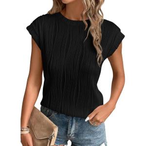 image:imagePRETTYGARDEN Blouses for Women Dressy Casual 2026 Spring Summer Business Office Tops Cap Sleeve Textured Cute Work ShirtBlack