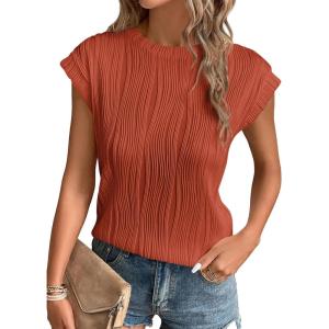 image:imagePRETTYGARDEN Blouses for Women Dressy Casual 2026 Spring Summer Business Office Tops Cap Sleeve Textured Cute Work ShirtBrick Red