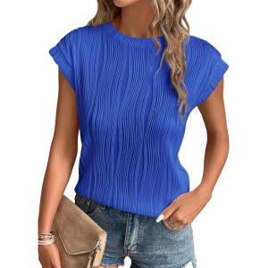 image:imagePRETTYGARDEN Blouses for Women Dressy Casual 2026 Spring Summer Business Office Tops Cap Sleeve Textured Cute Work ShirtBrilliant Blue