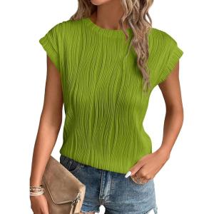 image:imagePRETTYGARDEN Blouses for Women Dressy Casual 2026 Spring Summer Business Office Tops Cap Sleeve Textured Cute Work ShirtGrass Green