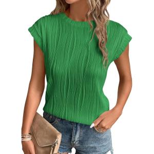 image:imagePRETTYGARDEN Blouses for Women Dressy Casual 2026 Spring Summer Business Office Tops Cap Sleeve Textured Cute Work ShirtGreen