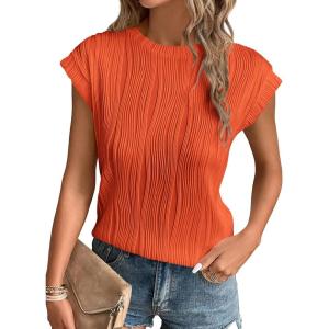 image:imagePRETTYGARDEN Blouses for Women Dressy Casual 2026 Spring Summer Business Office Tops Cap Sleeve Textured Cute Work ShirtOrange