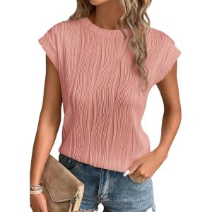 image:imagePRETTYGARDEN Blouses for Women Dressy Casual 2026 Spring Summer Business Office Tops Cap Sleeve Textured Cute Work ShirtPink