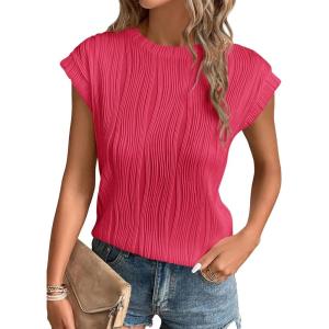 image:imagePRETTYGARDEN Blouses for Women Dressy Casual 2026 Spring Summer Business Office Tops Cap Sleeve Textured Cute Work ShirtRed